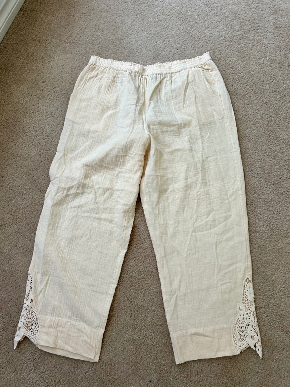 Soft Surroundings Petite XL 100% Cotton Crochet Trim Pant Beige/Cream